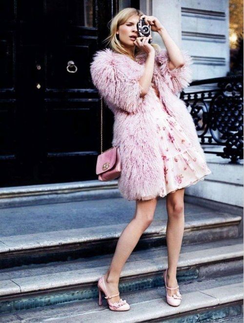 Clemence Poesy in blush pink fur coat